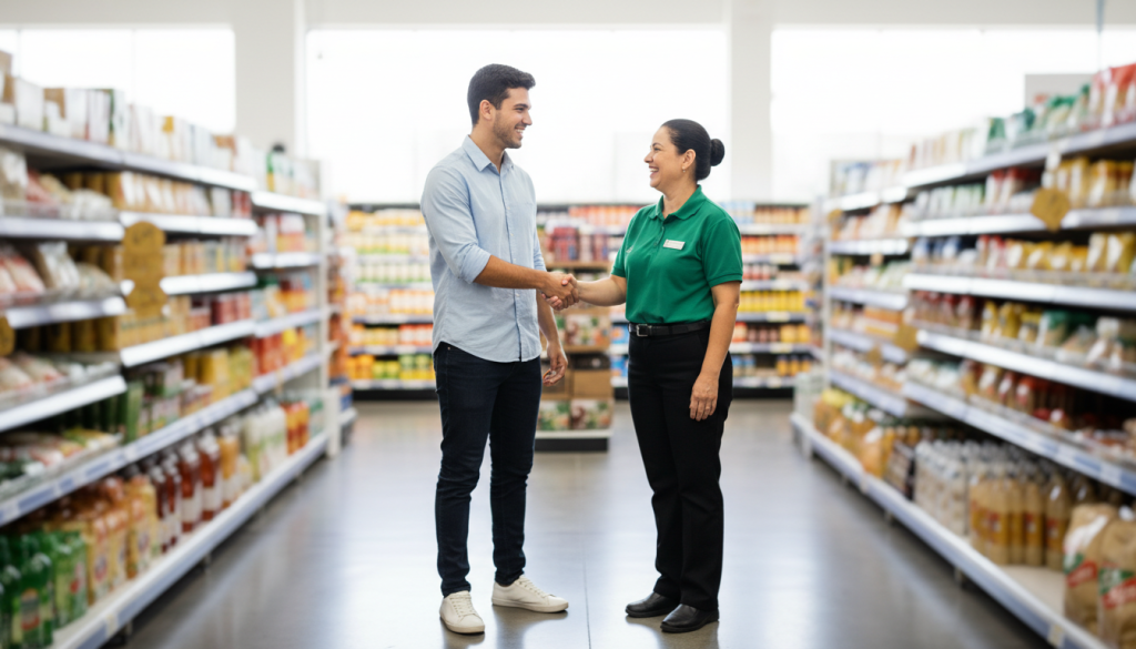 Candidato cumprimenta o gestor da loja após a entrevista de recrutamento no supermercado