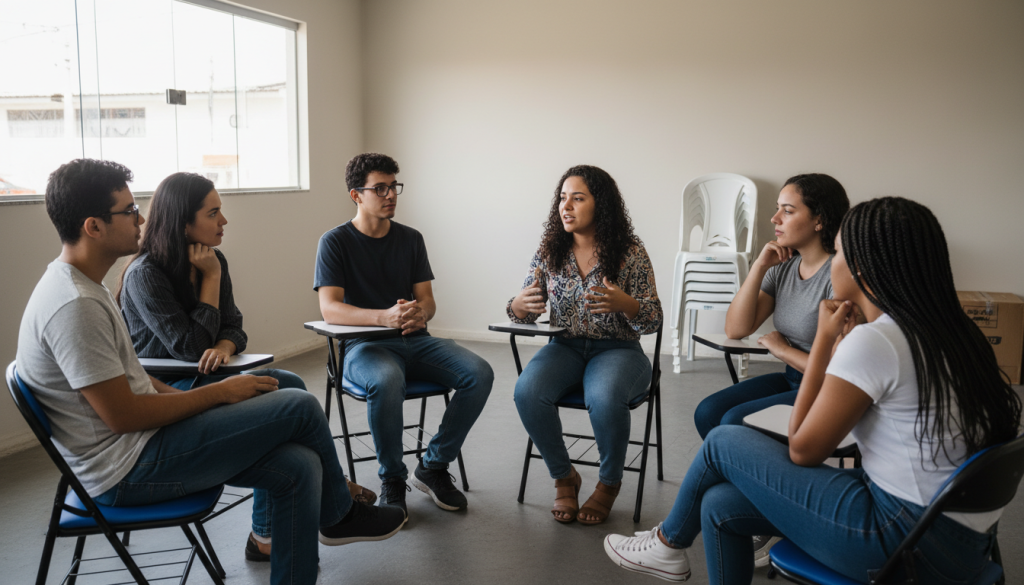 Dinâmica de grupo durante a entrevista de recrutamento para vagas de supermercado